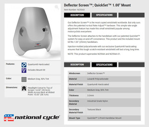 네셔널싸이클(Nationalcycle) Deflector Screen™ QuickSet™ - Smoke (디플렉터 스크린 퀵셋 - 스모크) 1인치(25mm)핸들용 N25043