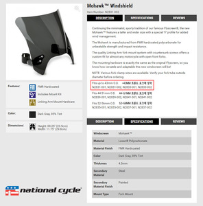 네셔널싸이클(Nationalcycle) Mohawk™ Windshield (모호크 윈드쉴드) ~43MM 포크용 N2831-002